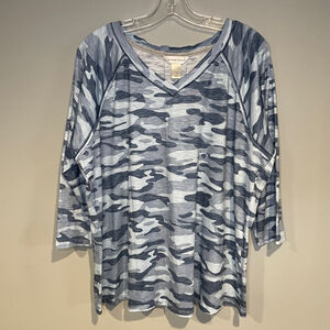 Womens Christopher & Banks Blue Grey Camo 3/4 length Sleeve Light knit Size XL